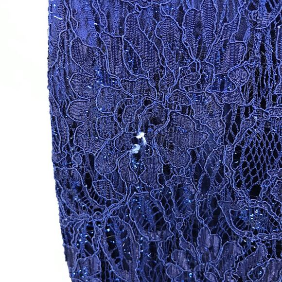 Theia Shimmering Element Gown 4 Metallic Floral Lace Cap Sleeve Crew Maxi Blue - Picture 6 of 8